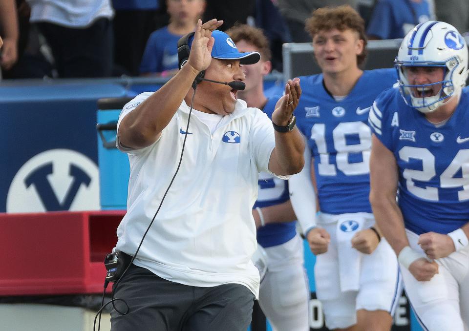 Brigham Young Cougars head coach Kalani Sitake reacts to a BYU interception against the Texas Tech Red Raiders in Provo on Saturday, Oct. 21, 2023. | Jeffrey D. Allred, Deseret News