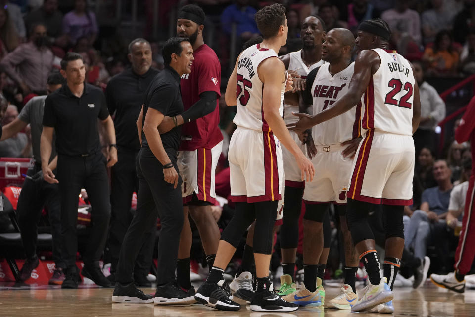 Miami Heat head coach Erik Spoelstra yells at Jimmy Butler during a timeout in their game on March 23, 2022. Are there still tensions bubbling from the incident? (Eric Espada/Getty Images)