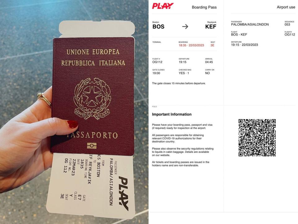 Side by side of author holding passport (L) and screenshot of digital boarding pass (R)