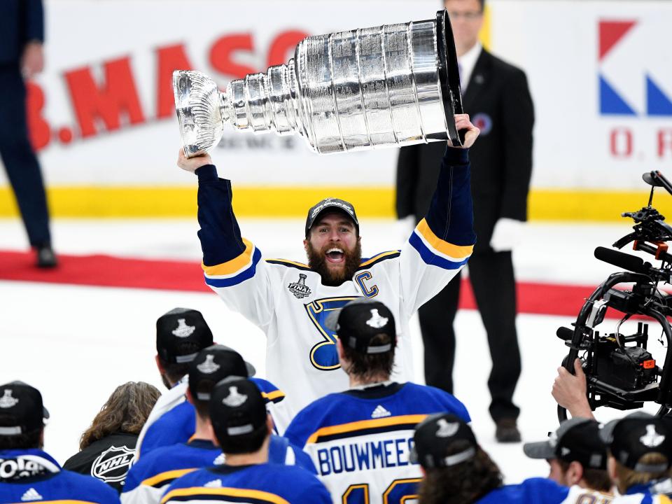 St. Louis Blues defenseman Alex Pietrangelo lifts the Stanley Cup after Game 7 against the Boston Bruins in 2019.