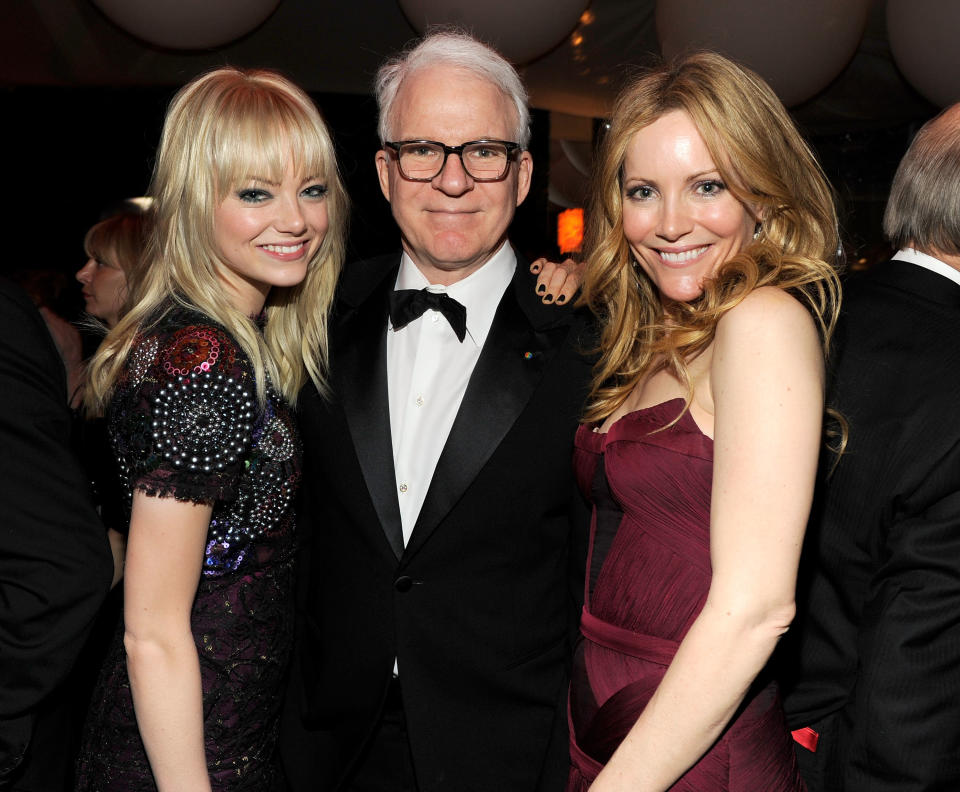 Emma Stone, Steve Martin and Leslie Mann attend the 2011 Vanity Fair Oscar Party in West Hollywood, California.&nbsp;