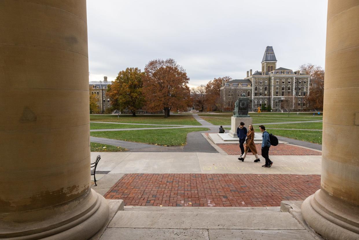 Cornell University students walk through campus on November 3, 2023 in Ithaca, New York. The university canceled classes after one of its students is accused of making violent antisemitic threats.