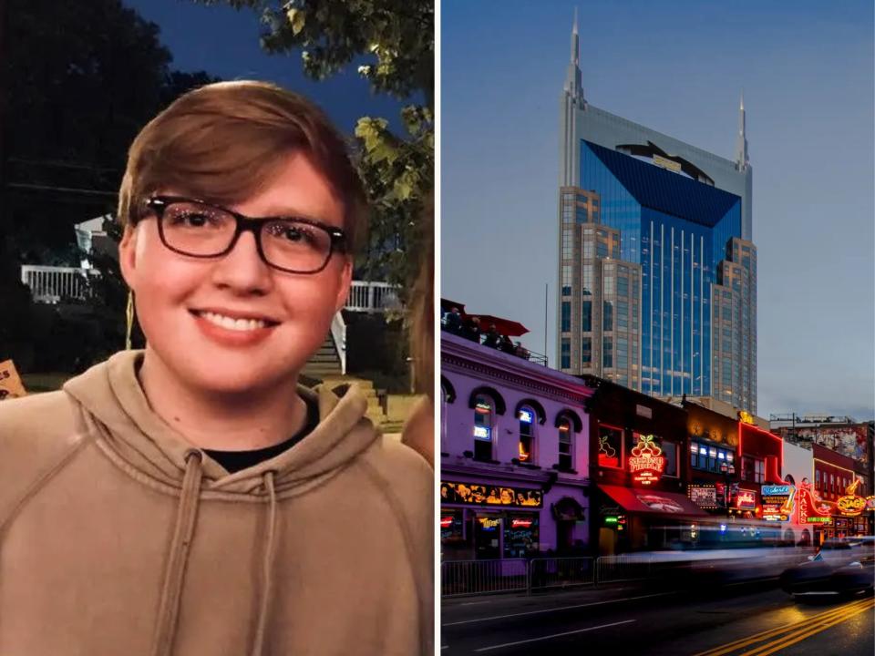 Insider reporter Clay Walker; Nashville's Broadway at night.