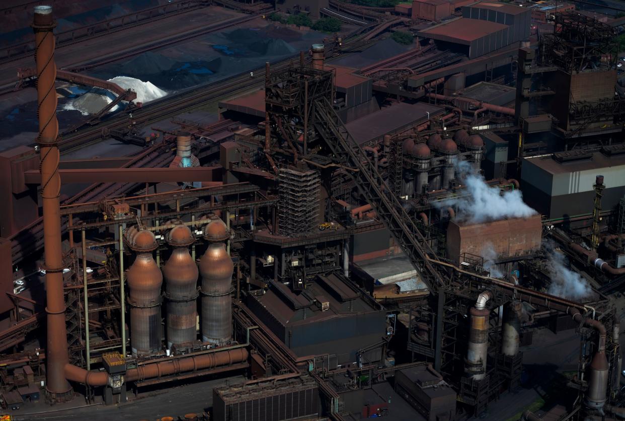 This aerial view shows a blast furnace at the plant of German industrial conglomerate ThyssenKrupp in Duisburg, western Germany, on May 8, 2020. (Photo by Ina FASSBENDER / AFP) (Photo by INA FASSBENDER/AFP via Getty Images)