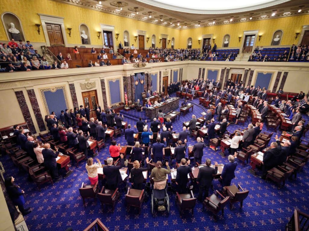 U.S. senators being sworn in for the impeachment trial of Homeland Security Secretary Alejandro Mayorkas on April 17, 2024.