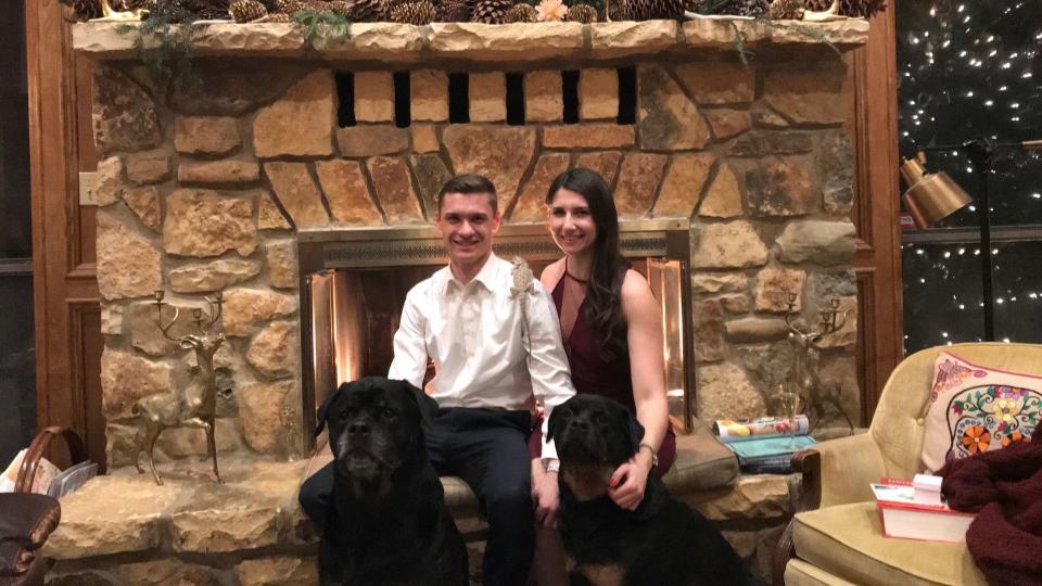 Nick Shaughnessy and Jackie Edison with the family's Rottweilers. / Credit: Corey Shaughnessy