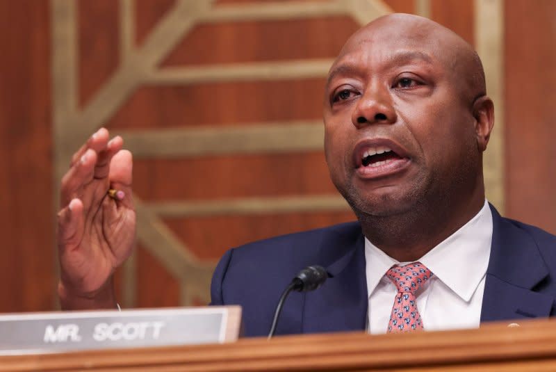 U.S. Sen. Tim Scott, R-S.C., questions Chairman of the Federal Reserve Jerome Powell during the Senate Banking, Housing and Urban Affairs hearing at the Dirksen Senate Office Building in Washington, D.C., on Thursday. Photo by Jemal Countess/UPI