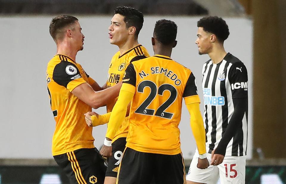 Wolves celebrate their goal against Newcastle (POOL/AFP via Getty Images)