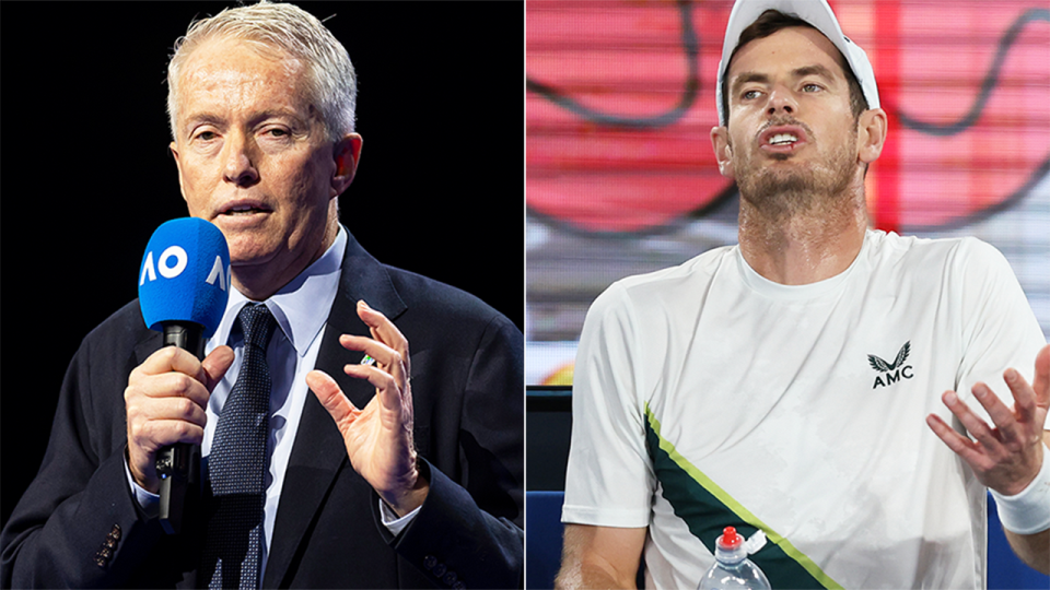 Australian Open boss Craig Tiley (pictured left) speaking and (pictured right) Andy Murray frustrated.