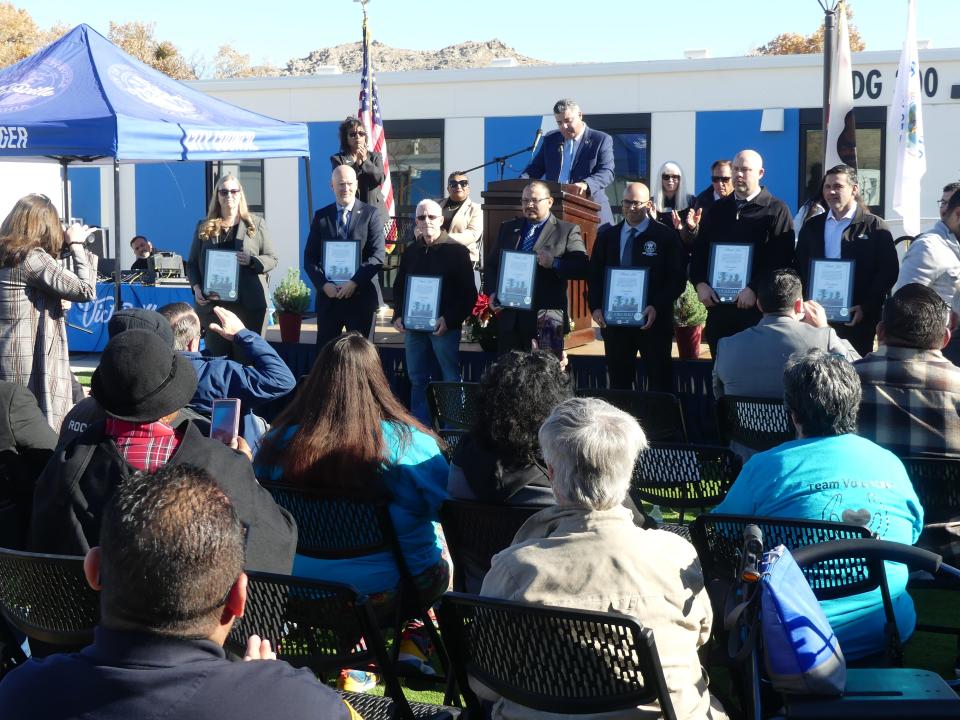 Team leaders responsible for the construction of the city of Victorville’s Wellness Center for the unhoused were recognized during the facility’s ribbon cutting on Friday, Dec. 8.