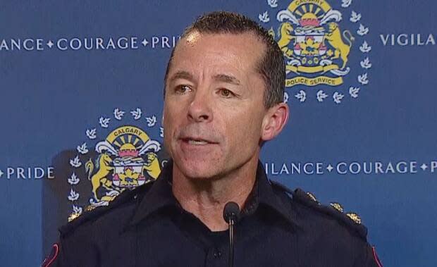 Speaking Thursday, Chief Mark Neufeld of the Calgary Police Service said the situation on Wednesday afternoon at the Beltline hotel was 'extremely dynamic' and unfolded quickly. (Mike Symington/CBC - image credit)