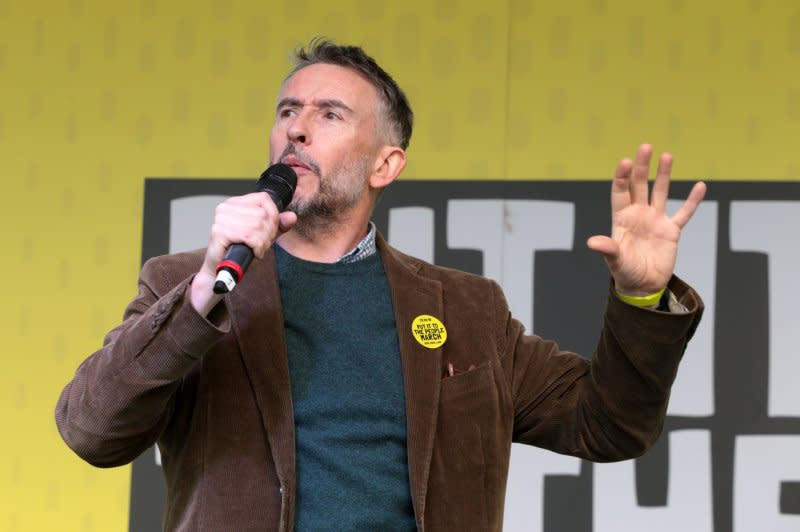 Steve Coogan speaks at an anti-Brexit march in London on March 23, 2019. The actor turns 58 on October 14. File Photo by Hugo Philpott/UPI