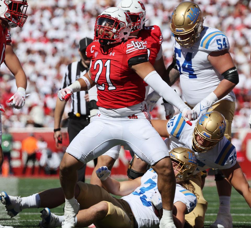 Utah Utes linebacker Karene Reid (21) celebrates a tackle for loss against UCLA Bruins running back Carson Steele (33) in Salt Lake City on Saturday, Sept. 23, 2023. | Jeffrey D. Allred, Deseret News