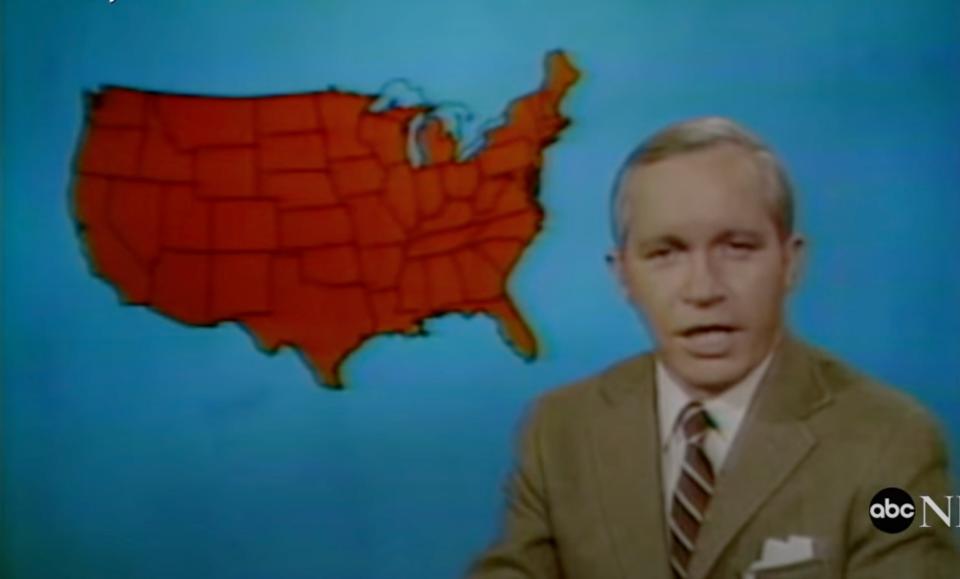 News anchor Frank Reynolds from the '70s is in the middle of a broadcast