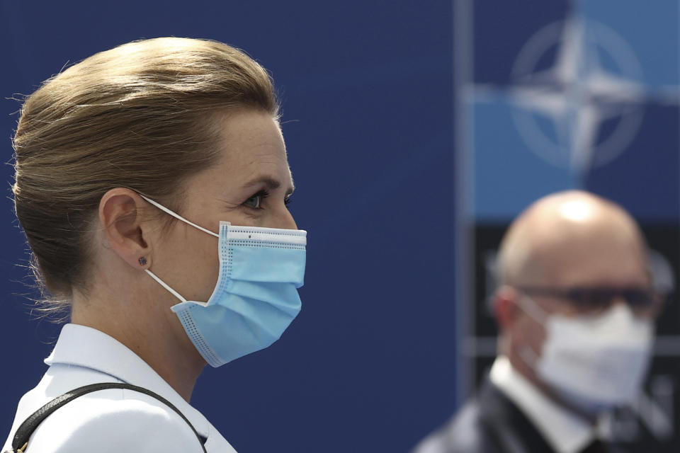 Denmark's Prime Minister Mette Frederiksen arrives for a NATO summit at NATO headquarters in Brussels, Monday, June 14, 2021. U.S. President Joe Biden is taking part in his first NATO summit, where the 30-nation alliance hopes to reaffirm its unity and discuss increasingly tense relations with China and Russia, as the organization pulls its troops out after 18 years in Afghanistan. (Kenzo Tribouillard, Pool via AP)