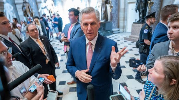 PHOTO: Speaker of the House Kevin McCarthy responds to a question from the news media during an impromptu question and answer session in Statuary Hall of the US Capitol, May 18, 2023, in Washington. (Shawn Thew/EPA-EFE/Shutterstock)