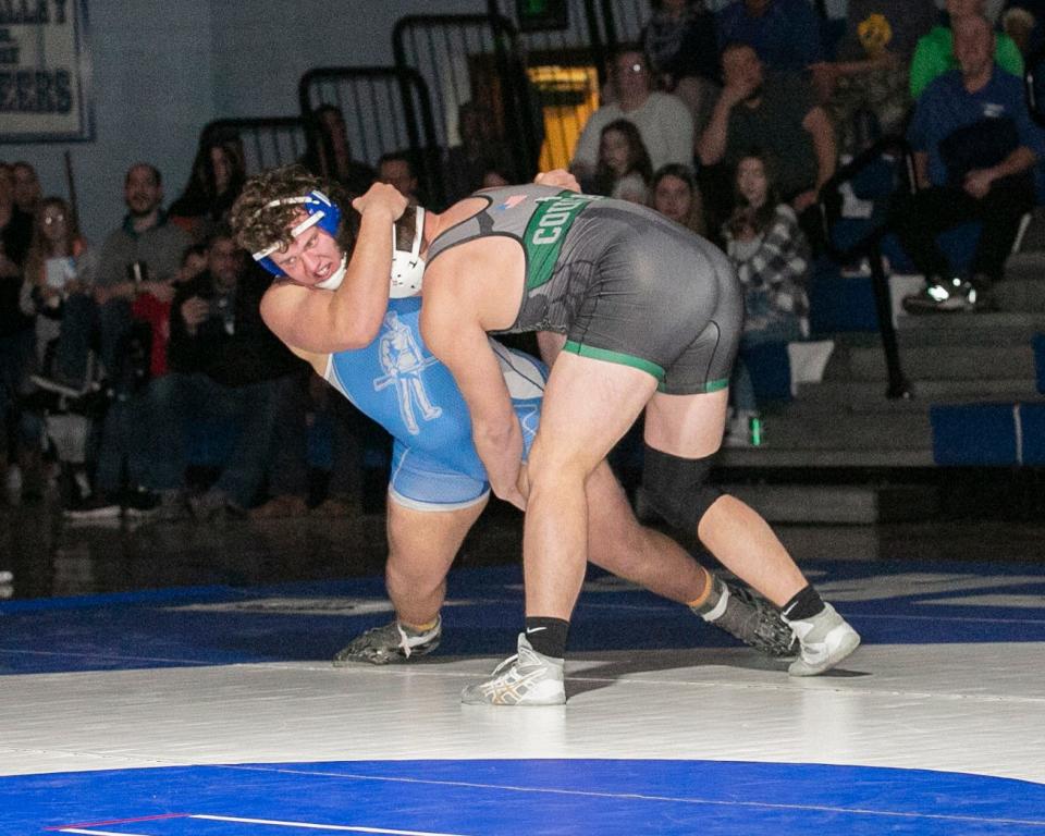 Berlin Brothersvalley's Cory Jose, left, tries to take down North Star's Ethan Yoder during the heavyweight match during a dual meet, Tuesday, in Berlin.