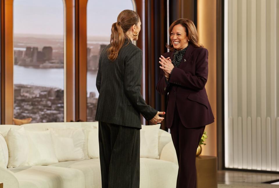 Drew Barrymore, left, and Vice President Kamala Harris on 'The Drew Barrymore Show' on April 29.
