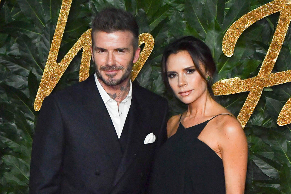 David Beckham and Victoria Beckham attend the Fashion Awards 2018 in partnership with Swarovski at Royal Albert Hall on December 10, 2018 in London, England.  (Photo by Stephane Cardinale - Corbis/Corbis via Getty Images)