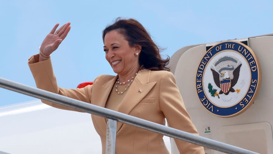 Vice President Kamala Harris arrives at Orlando International Airport ahead of attending the 20th Quadrennial Convention of the Women’s Missionary Society of the African Methodist Episcopal (AME) Church on Tuesday, Aug. 1, 2023. (Joe Burbank/Orlando Sentinel via AP)