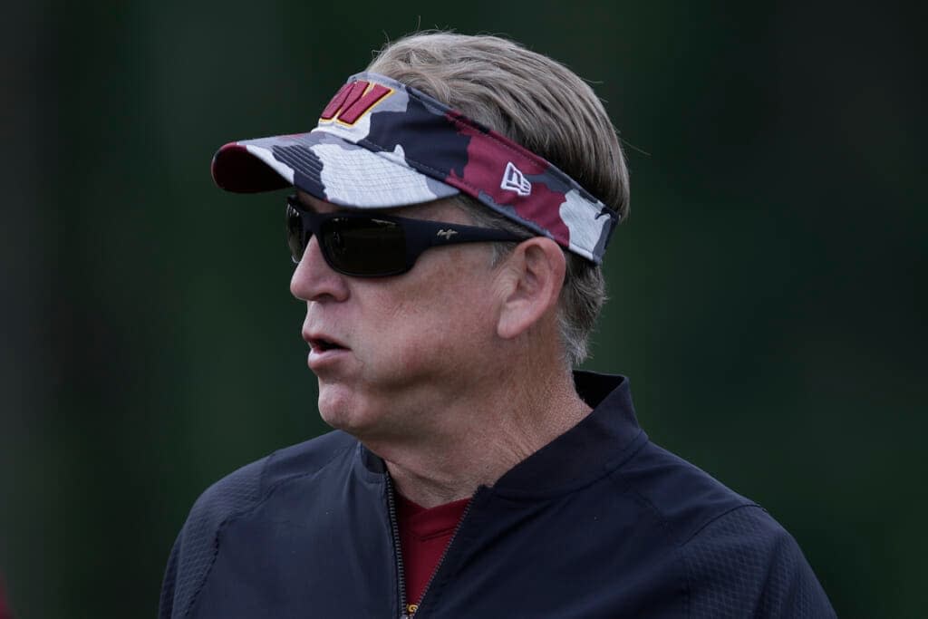 Washington Commanders defensive coordinator Jack Del Rio is seen during an NFL football OTA practice at Inova Sports Performance Center in Ashburn, Va., Wednesday, June 8, 2022. (AP Photo/Luis M. Alvarez)