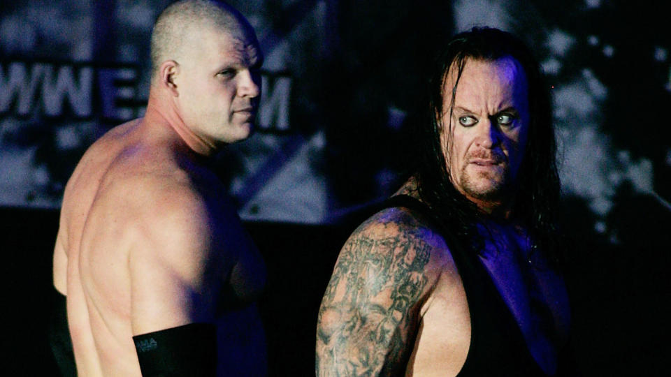 Kane and The Undertaker appeared together during WWE Smackdown in 2010. (Photo by Gerardo Zavala/Jam Media/LatinContent via Getty Images)