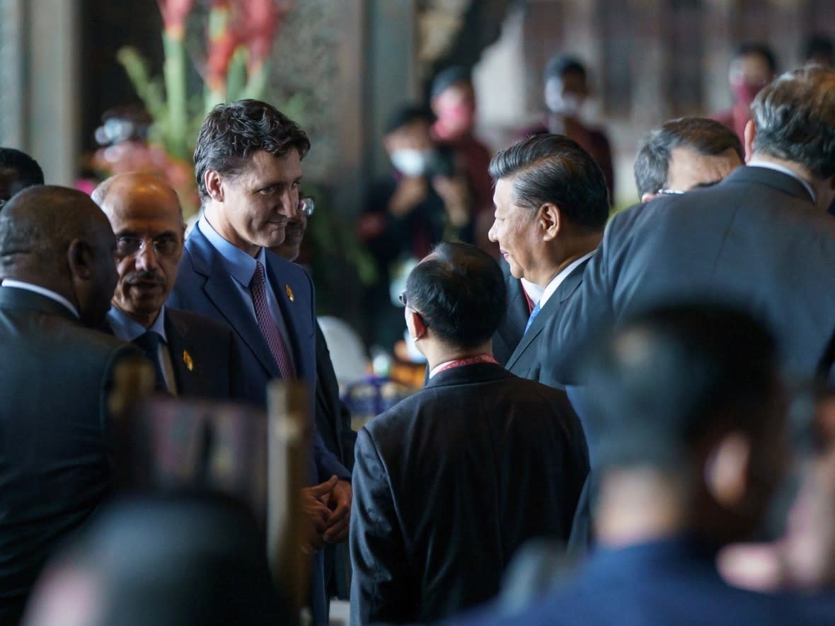 The Prime Minister's Office released this photo of Prime Minister Justin Trudeau and Chinese President Xi Jinping speaking face to face on the sidelines of the G20 Summit in Bali, Indonesia, on Tuesday.   (PMO - image credit)