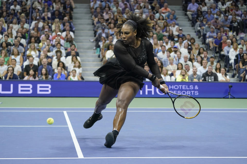 Serena Williams, of the United States, returns a shot to Ajla Tomljanovic, of Australia, during the third round of the U.S. Open tennis championships, Friday, Sept. 2, 2022, in New York. (AP Photo/John Minchillo)