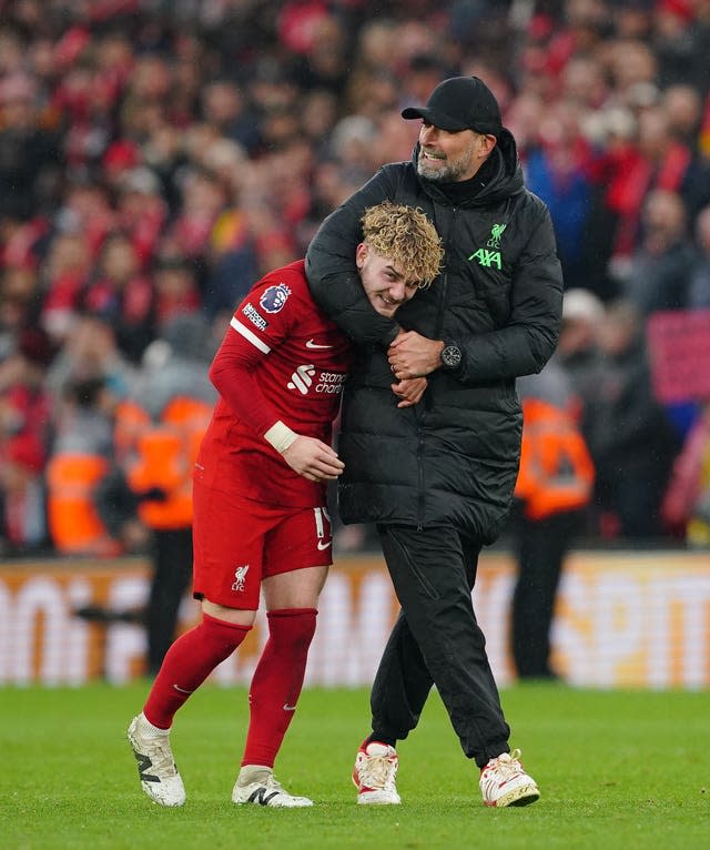 Jurgen Klopp hugged Harvey Elliott after what the Liverpool boss claimed to be the best second half he had ever seen his side play against Manchester City