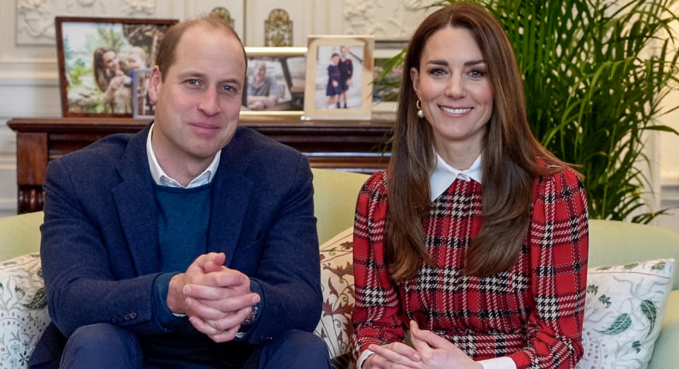 The Duchess of Cambridge wears pearl hoop earrings from Simone Rocha for video on Burns Night.  (Getty Images)