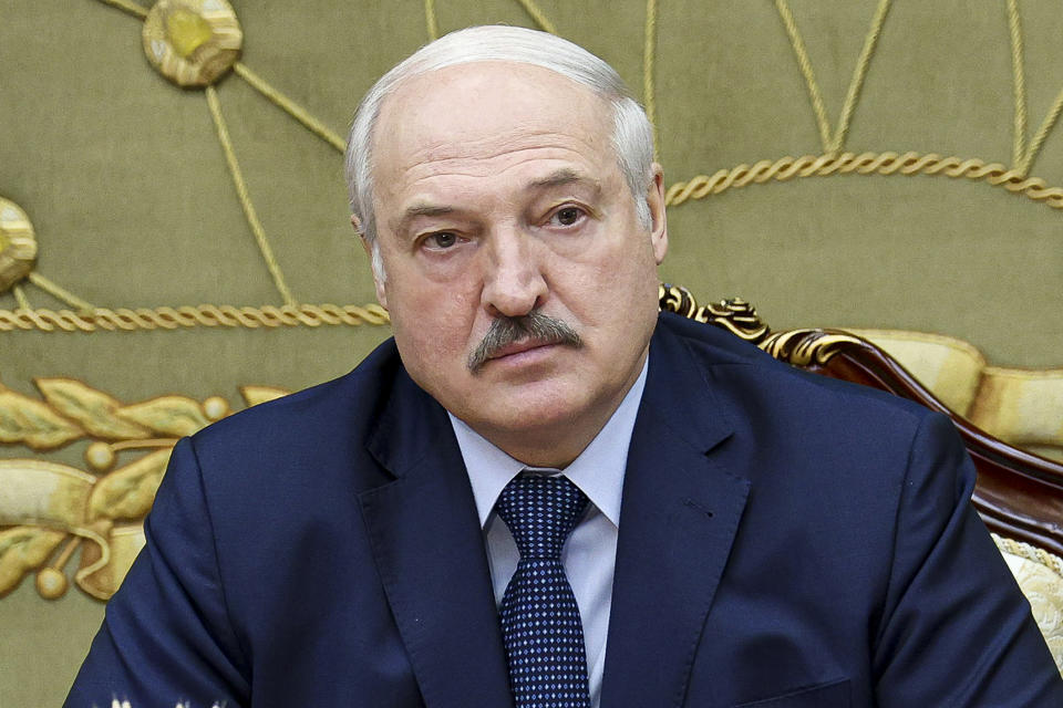 FILE- Belarusian President Alexander Lukashenko speaks during a meeting with the State Secretary of the Security Council Alexander Volfovich and Chairman of the Investigative Committee Dmitry Gora in Minsk, Belarus, on Nov. 12, 2021. Europe is short of gas. Russia could in theory supply more beyond its long-term agreements, but hasn't, leading to accusations it is holding back to pressure Europe to approve a new controversial Russian pipeline. (Nikolay Petrov/BelTA Pool Photo via AP, File)