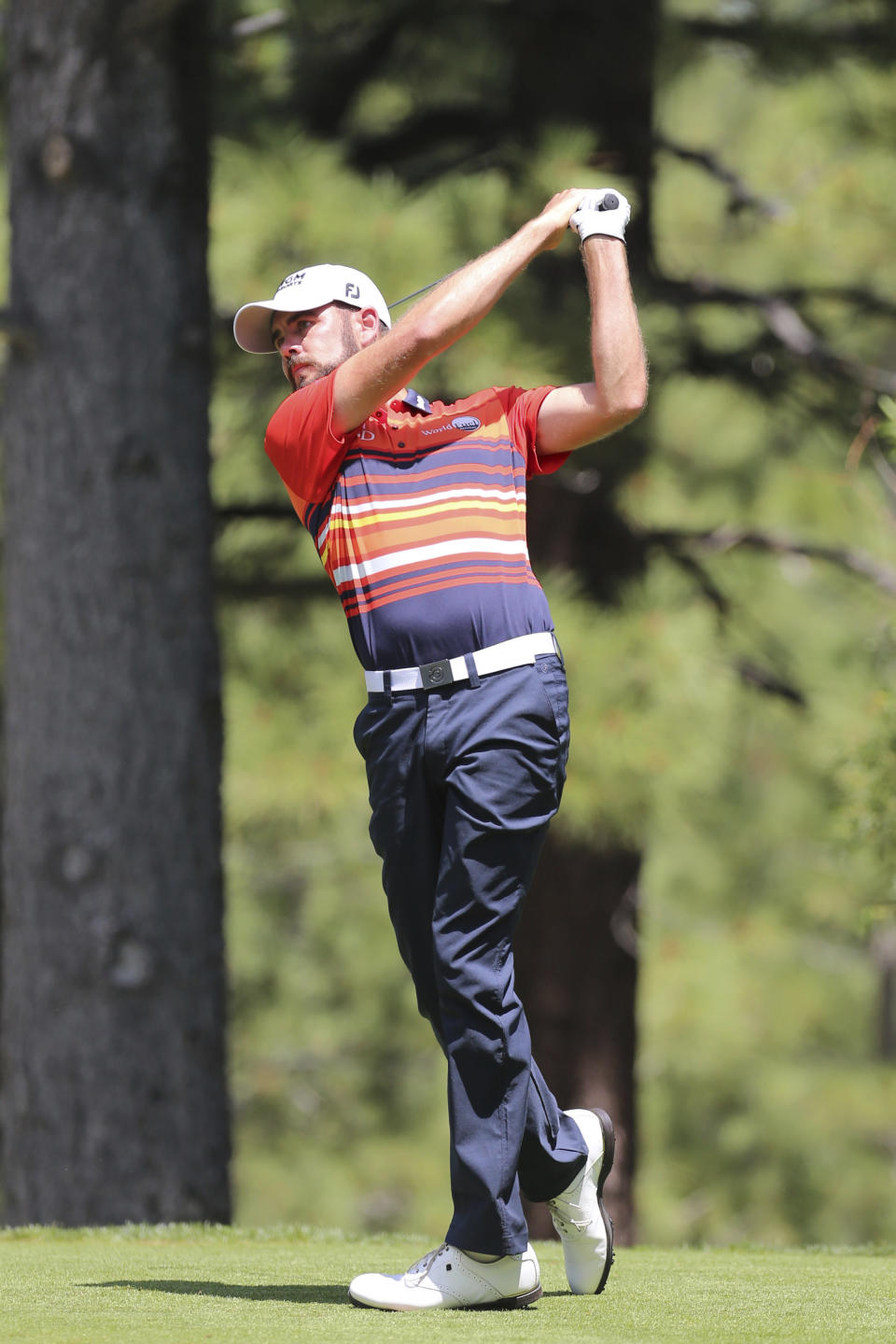 Troy Merritt tees-off during his final round in the Barracuda Championship golf tournament at Montreux Golf & Country Club in Reno, Nev. Sunday July 28, 2019. (AP Photo/ Lance Iversen)