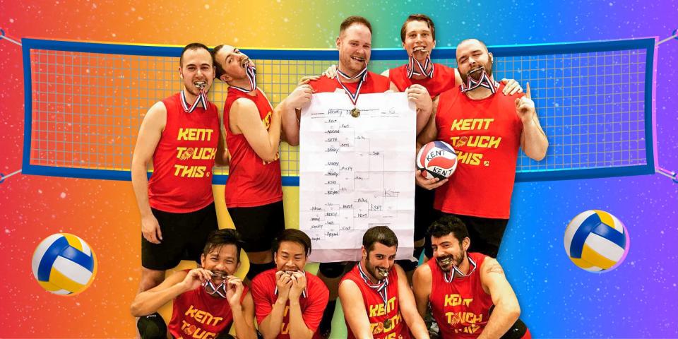 Gotham Volleyball team in front of rainbow background and volleyball net 2x1