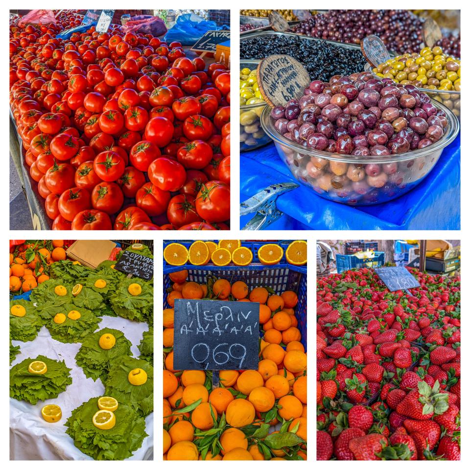 A collage of produce including tomatoes, olives, strawberries, oranges, and lemons