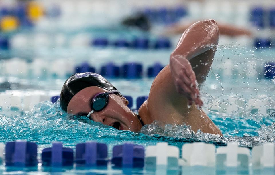 South's Harper Eakin swims the Girl's 500 Yard Freestyle race during the 2024 Counsilman Classic Swimming & Diving Meet between the Bloomington North Cougars and Bloomington South Panthers at Bloomington High School South Natatorium on January 13, 2024