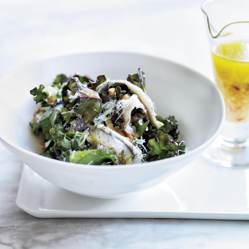 Kale Salad with Ricotta Salata, Pine Nuts & Anchovies