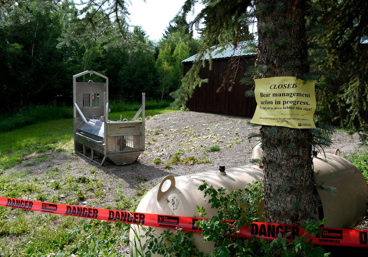 A bear trap set by Montana Fish, Wildlife and Parks is seen in July 2021 in Ovando, Montana. Authorities set similar traps near the community of West Yellowstone, Montana, in an attempt to catch a the grizzly that attacked and killed a woman last Saturday.