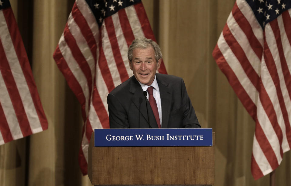 Former President George W. Bush speaks during a conference at the Bush Institute Thursday, Sept. 12, 2013, in Dallas. (AP Photo/LM Otero) -- Husband of Laura Bush -- Father of Jenna Bush Hager &amp; Barbara Pierce Bush -- Brother of Jeb Bush, Pauline Robinson Bush, Neil Bush, Marvin Bush, Dorothy Bush Koch