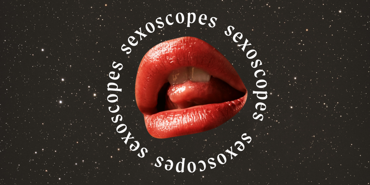 a mouth with a tongue peeking between the lips is placed in the middle of a starry night sky, with the word sexoscopes surrounding it