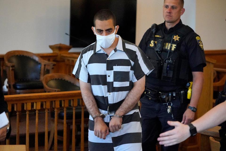 Hadi Matar appeared for an arraignment in the Chautauqua County Courthouse in Mayville, New York, on Saturday, (Associated Press)