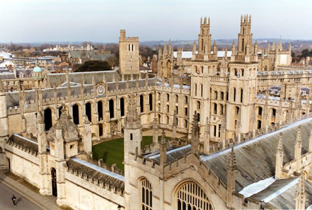 A view of All Souls' College from the Church of St Mary the Virgin, Oxford University. In the background to the right is New College. To the left is the Old Quadrangle of Hertford College 