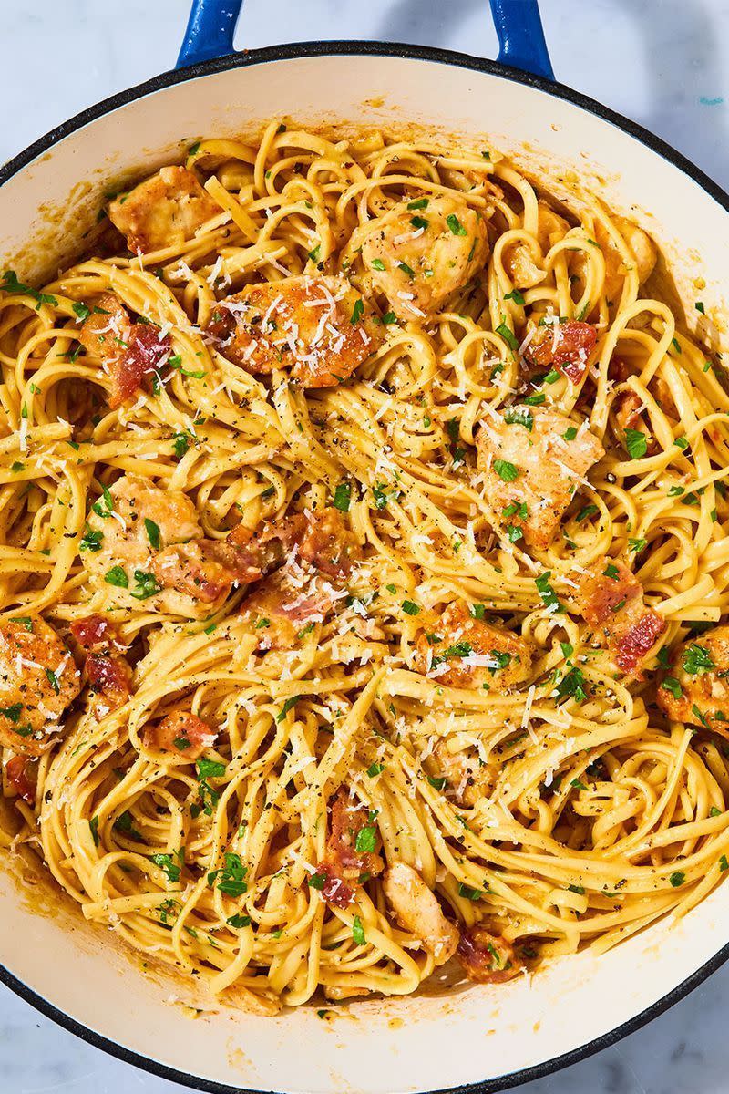 <p>When you're looking for something comforting and carb-y, nothing fits the bill like a good carbonara. This version adds a bit of protein by way of sautéed chicken breasts, making it the perfect quick and easy weeknight dinner.</p><p>Get the <a href="https://www.delish.com/uk/cooking/recipes/a28909109/chicken-carbonara-pasta-recipe/" rel="nofollow noopener" target="_blank" data-ylk="slk:Chicken Carbonara;elm:context_link;itc:0;sec:content-canvas" class="link ">Chicken Carbonara</a> recipe.</p>