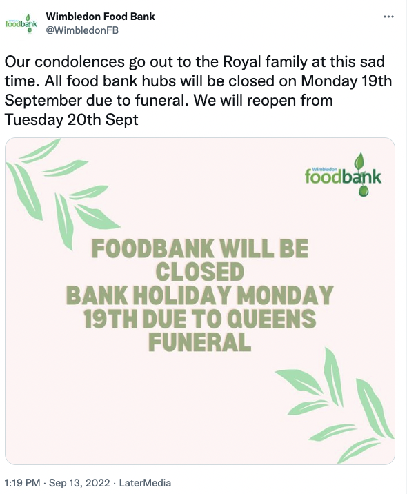 Food bank closing for Queen s funeral responds to backlash