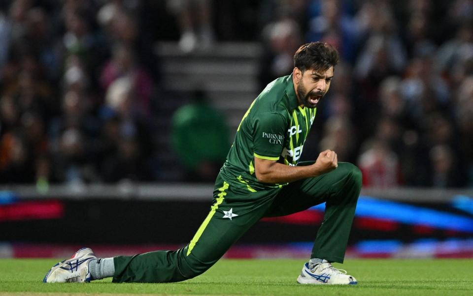 Haris Rauf celebrates the wicket of Phil Salt