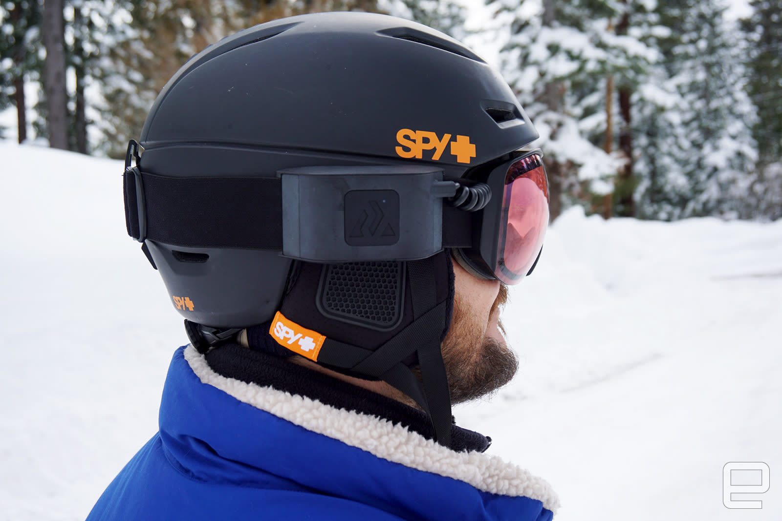 Rekkie Smart goggles on a black helmet.                               