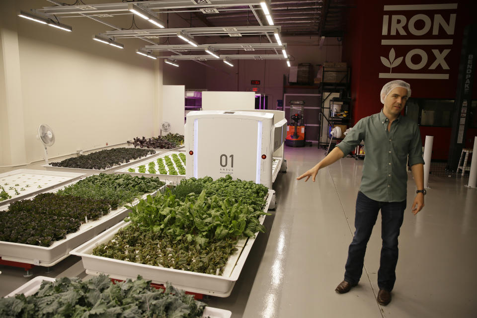 In this Thursday, Sept. 27, 2018, photo Iron Ox CEO Brandon Alexander gives a tour at his robotic indoor farm in San Carlos, Calif. Alexander spent a lot of time working his family's farm in Oklahoma before he headed off to the University of Texas to study robotics. After graduating, he moved to Silicon Valley, where he is returning to his roots by building robot farmers that roll maneuver through a suburban warehouse tending to rows of leafy, colorful vegetables that will soon be filling salad bowls in restaurants and eventually may be in supermarket produce aisles, too. (AP Photo/Eric Risberg)