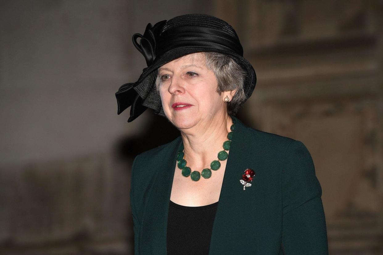 Theresa May pictured at Westminster Abbey after a service of remembrance on Sunday