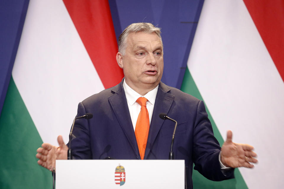 Hungarian prime minister Viktor Orban, speaks during a joint press conference with Poland's prime minister, Matteusz Morawiecki and former interior minister of Italy, Matteo Salvini in Budapest, Hungary, Thursday, April 1, 2021. Hungarian prime minister Viktor Orban hosted talks with right-wing politicians, Poland's prime minister, Matteusz Morawiecki, and former interior minister of Italy, Matteo Salvini, a potential opening step toward a new populist political force on the European stage. (AP Photo/Laszlo Balogh)