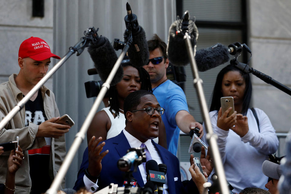 <p>Andrew Wyatt, spokesman for actor and comedian Bill Cosby, speaks to the media during a break from the sixth day of Cosby’s sexual assault trial at the Montgomery County Courthouse in Norristown, Pa., June 13, 2017. (Photo: Brendan McDermid/Reuters) </p>