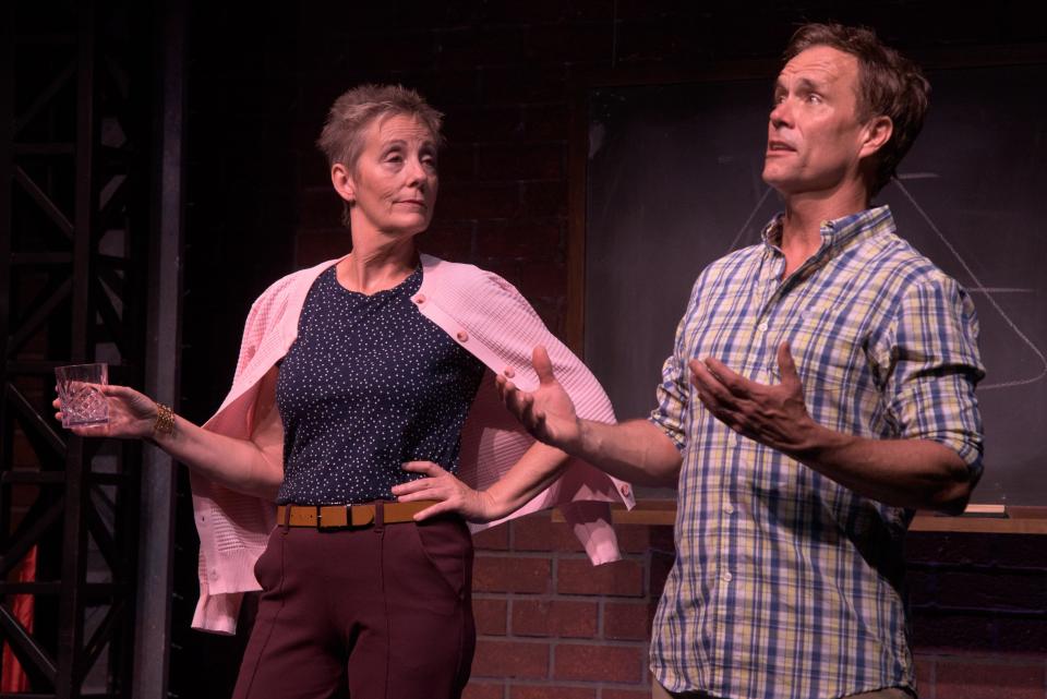 Saxon Palmer, right, plays a theater director battling alcoholism, and Julia Brothers plays his chilly mother (and all the other female characters) in Sean Daniels’ “The White Chip” at Florida Studio Theatre.